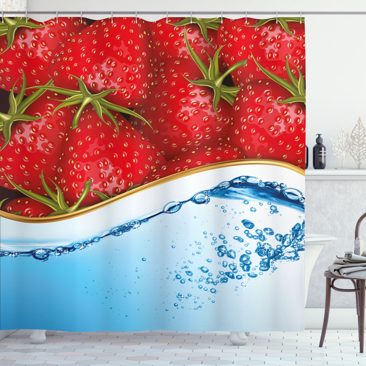 Ambesonne Strawberry Shower Curtain, Close up Realistic Summer Fruit on Water Image, Cloth Fabric Bathroom Decor Set with Hooks, 69" W x 70" L, Pale Blue Dark Coral